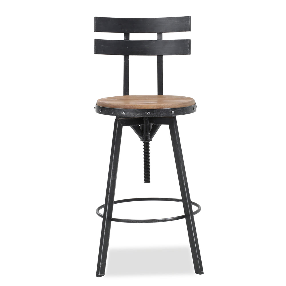 Tabouret de bar réglable en métal avec assise en bois, pivotant à 360°, noir antique