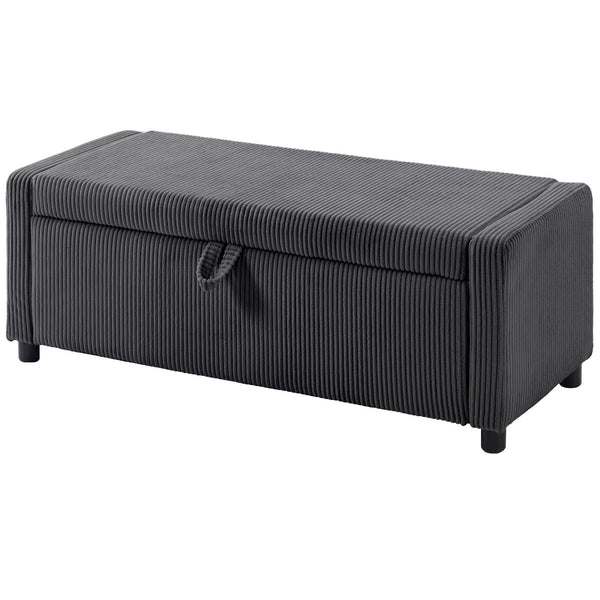 Dark gray corduroy tufted storage ottoman with thick padding, bedroom storage bench