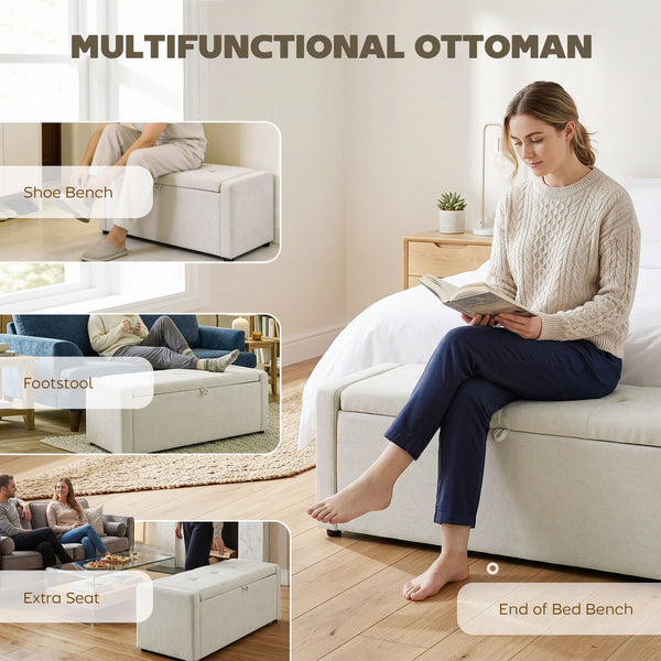 Linen-look fabric upholstered storage ottoman bench with storage, wide and padded seat, cream white