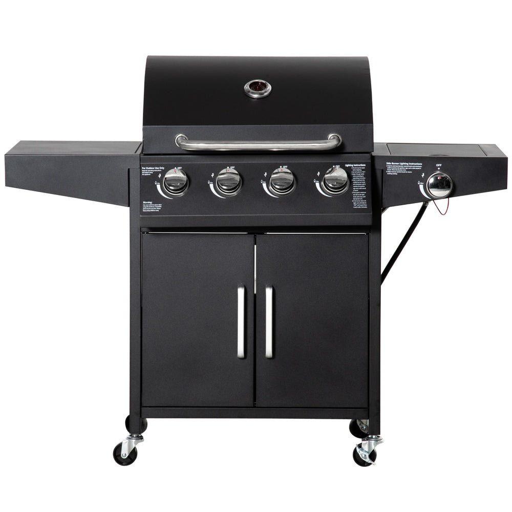 4+1 Burner Liquid Propane Gas Grill Outdoor Cabinet Style BBQ Trolley w/ Side Burner, Warming Rack, Side Shelf, Storage Cabinet, Thermometer, 4 Wheels, Carbon Steel, Black
