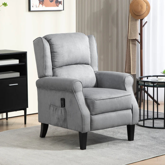 Fauteuil inclinable à massage par vibrations avec repose-pieds extensible, télécommande, poche, gris