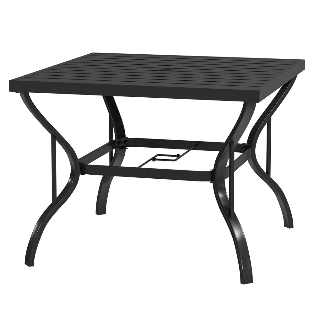 37" Square Outdoor Dining Table, Galvanized Steel Patio Table with 2" Umbrella Hole, Slatted Metal Top, Black