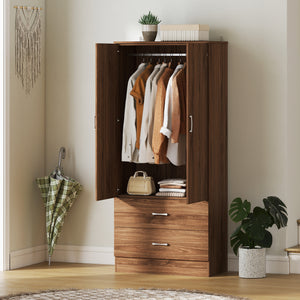 Armoire penderie avec tringle de suspension et 2 portes avec 2 tiroirs, noyer