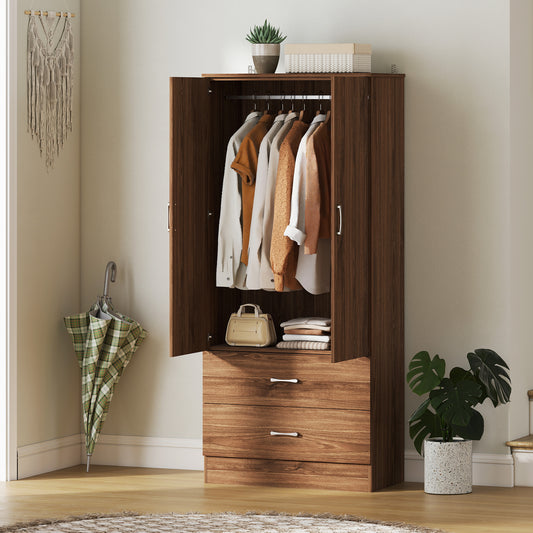 Armoire penderie avec tringle de suspension et 2 portes avec 2 tiroirs, noyer