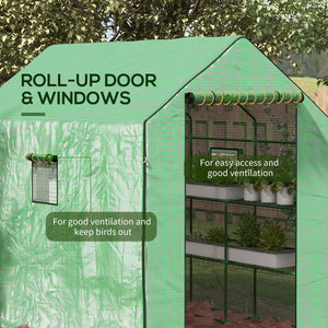 Three-tier garden greenhouse with roll-up door and screened windows, green