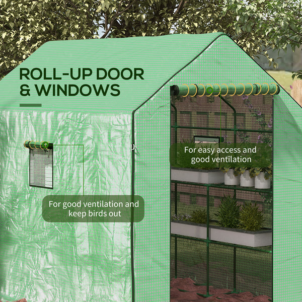 Three-tier garden greenhouse with roll-up door and screened windows, green