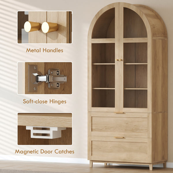 Garde-manger haut effet chêne avec portes arquées, tiroirs et tablettes ajustables