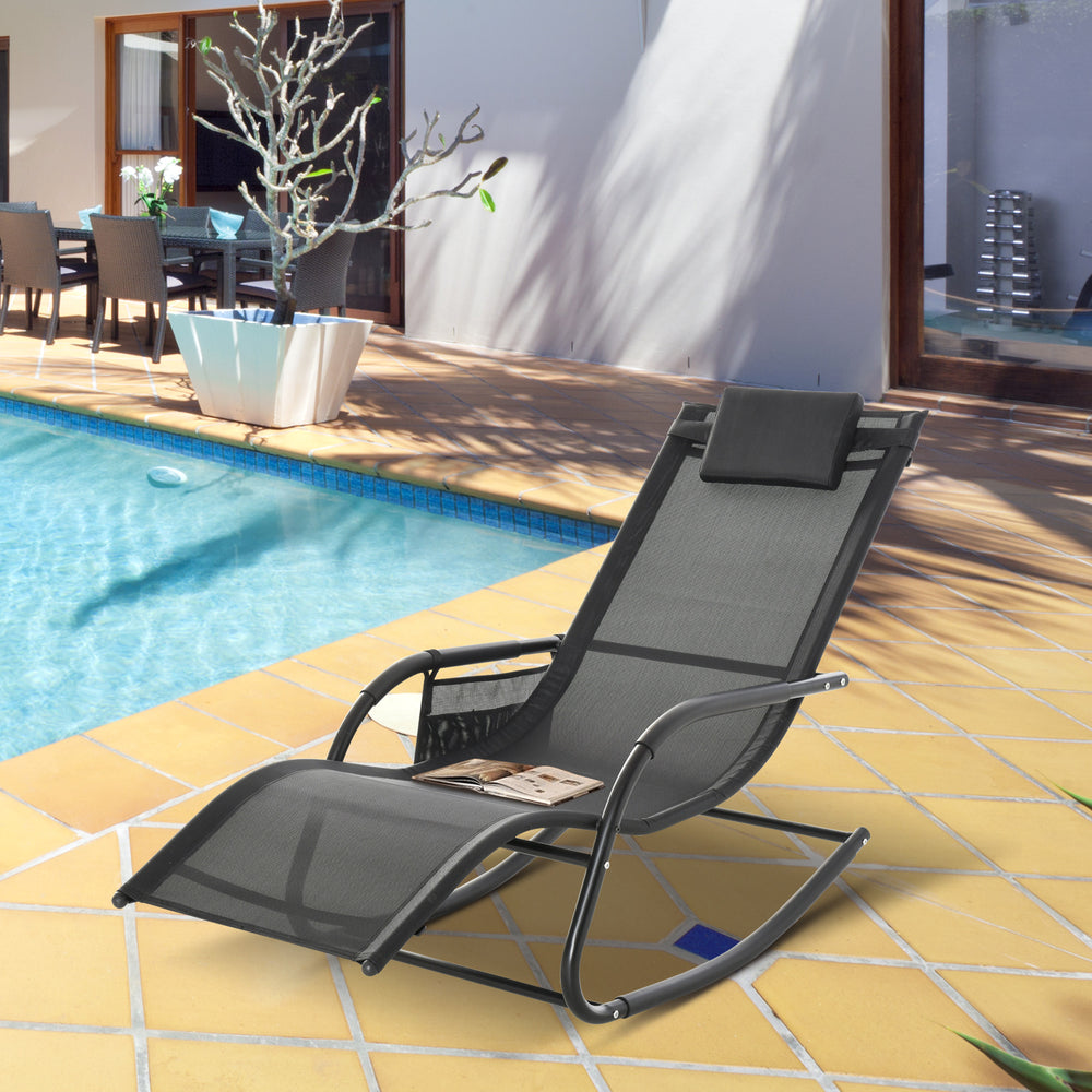 Patio Rocking Chair with Mesh Fabric, Outdoor Rocking Sling Sun Lounger with Removable Headrest and Side Pocket for Garden, Deck, Lawn, Black
