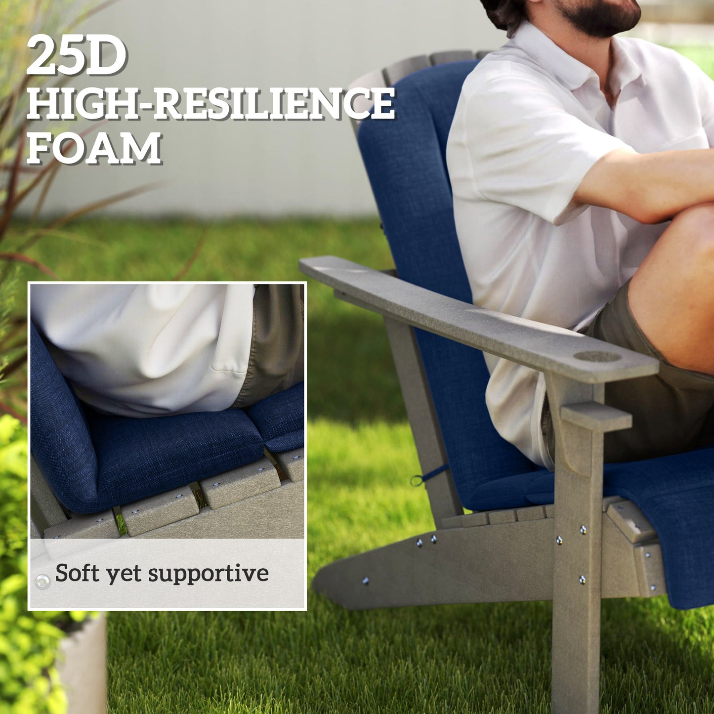 Lot de 2 coussins de chaise Adirondack à dossier haut avec attaches, mousse haute densité, bleu marine