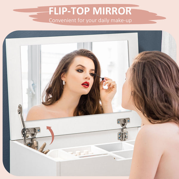 Ensemble coiffeuse avec miroir rabattable, tabouret et 7 compartiments, blanc