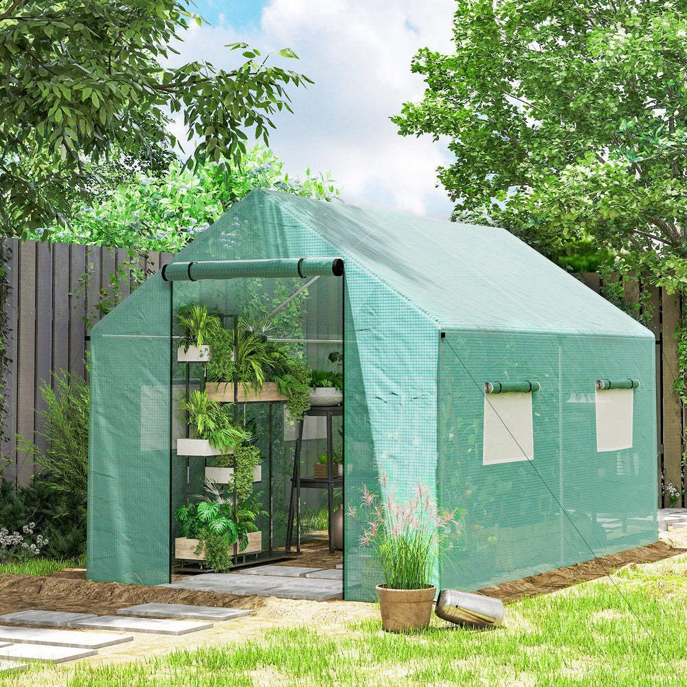 UV and wind resistant tunnel greenhouse with mesh door and windows, green