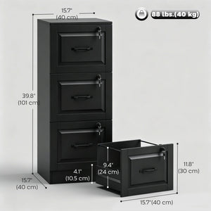 3-drawer vertical filing cabinet with lock, A4 and Letter compatible, black. Adjustable hanging rails.