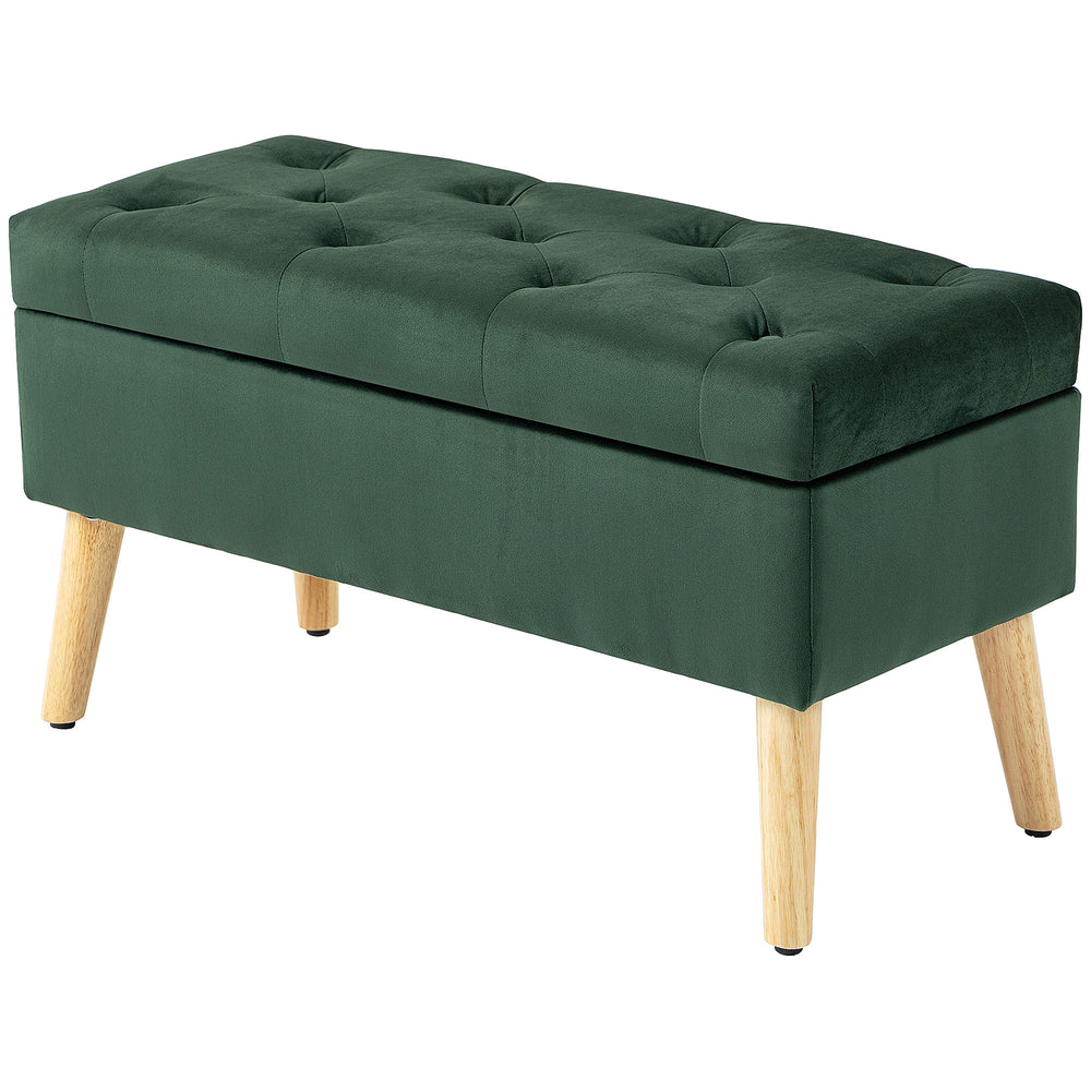 Pouf de rangement avec couvercle rembourré en velours et pieds en bois, vert foncé