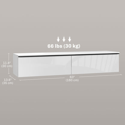 Meuble TV mural flottant pour téléviseurs jusqu'à 70 pouces avec rangement, effet brillant, blan