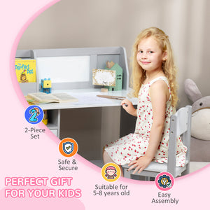 Kids Desk and Chair Set with Whiteboard, Storage and Shelves, Grey