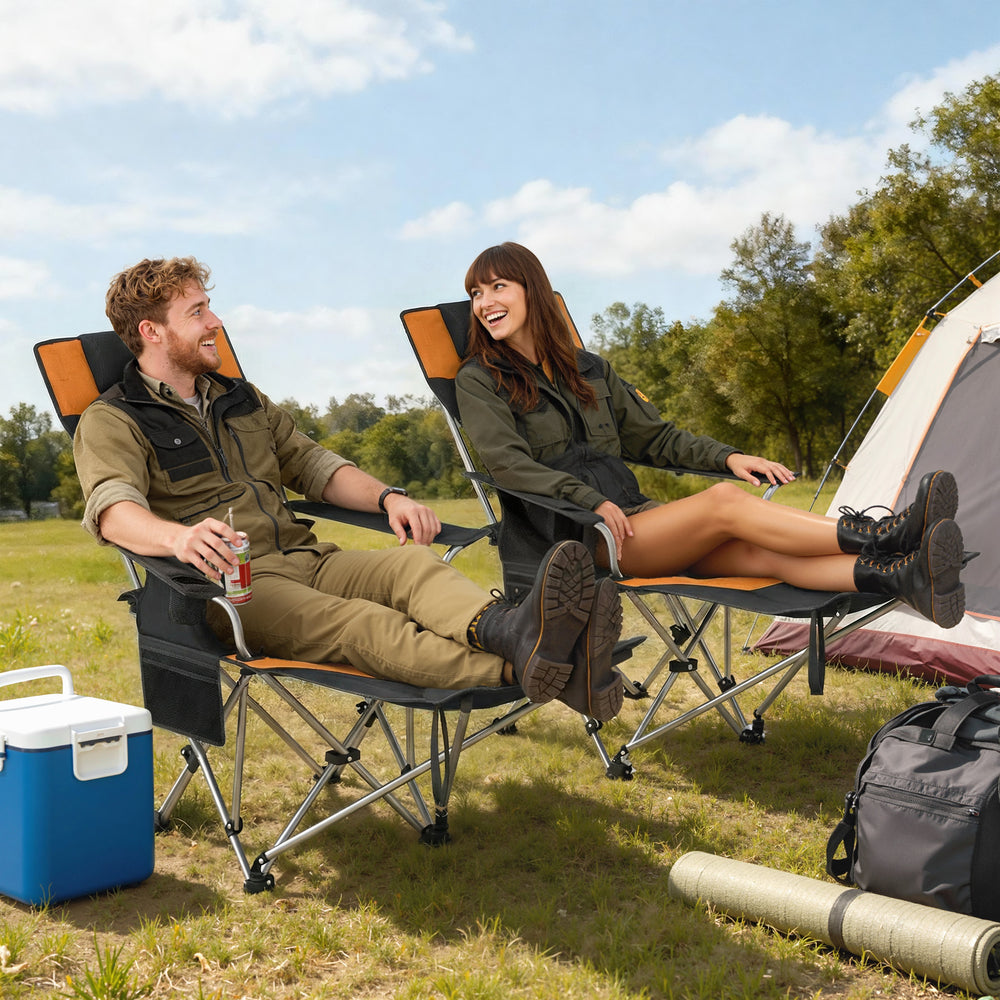 Ensemble de 2 chaises de camping inclinables avec repose-pieds, pliante avec appui-tête, porte-gobelet et sac de rangement, orange
