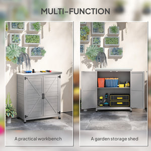 Garden storage unit with metal top, shelf and double door, grey