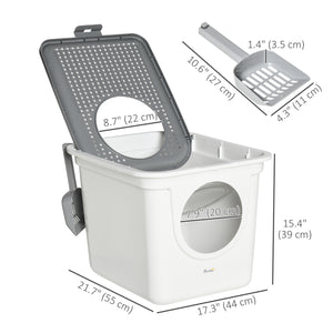 Enclosed litter box with front entrance, top exit and scoop, white