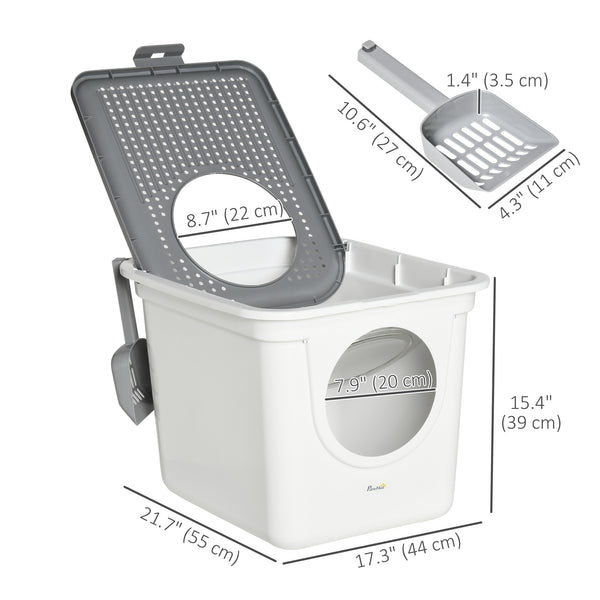 Enclosed litter box with front entrance, top exit and scoop, white