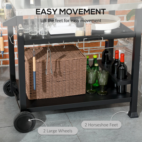 3-Shelf Outdoor Grill Cart Table with Foldable Side Table and Stainless Steel Table Top, Pizza Oven Stand on Wheels