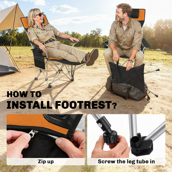 Ensemble de 2 chaises de camping inclinables avec repose-pieds, pliante avec appui-tête, porte-gobelet et sac de rangement, orange