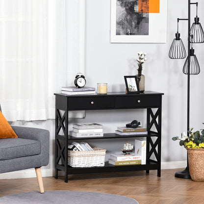 Console d'appoint avec Étagères de Rangement tiroirs et cadre en X, Noir