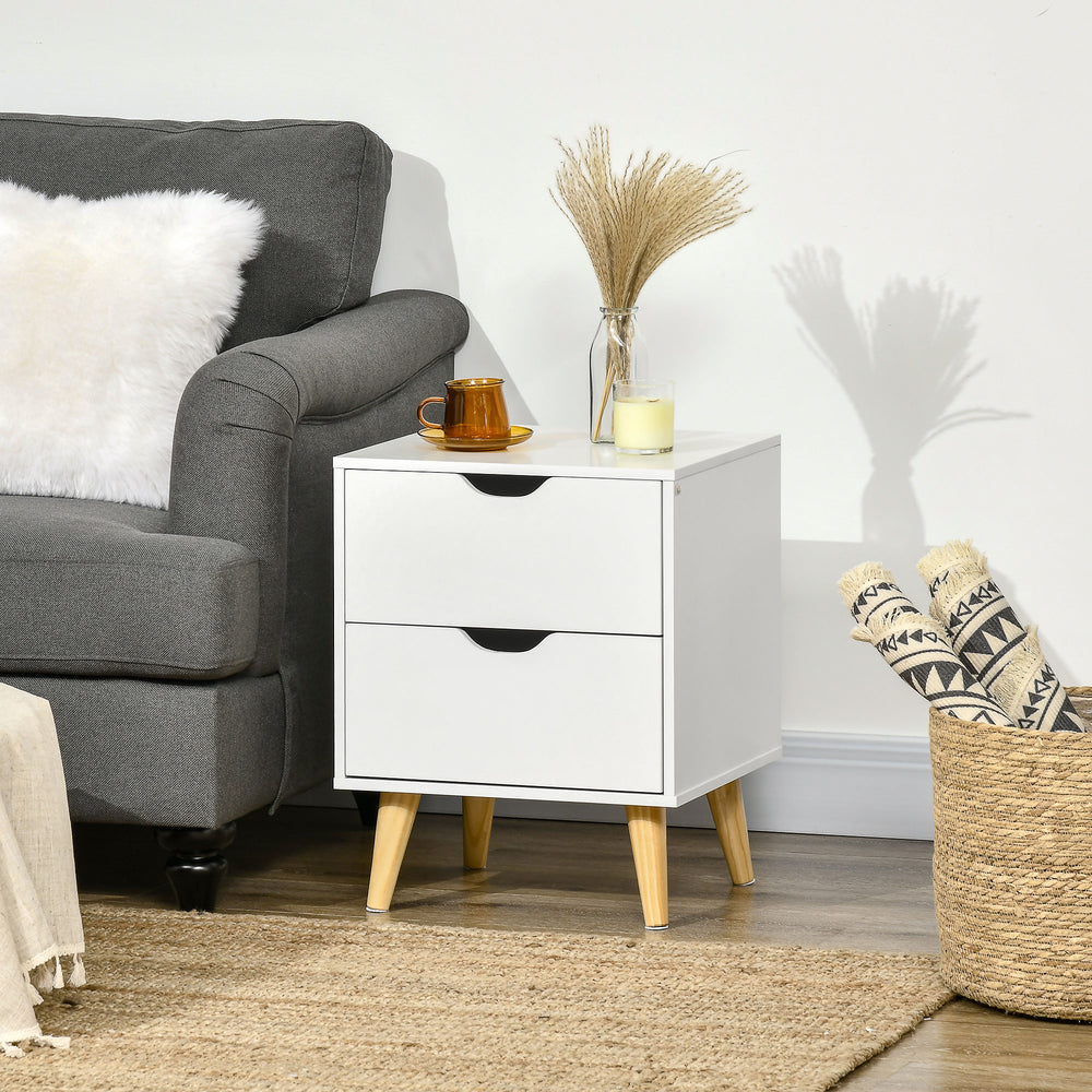 Table de chevet moderne avec 2 tiroirs et pieds en pin, blanche