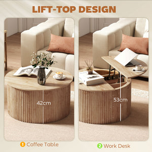 Table basse ronde relevable avec rangement caché effet bois naturel