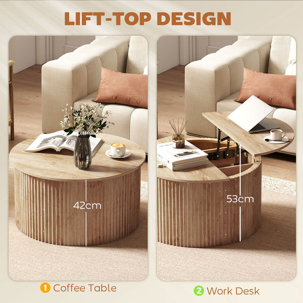 Table basse ronde relevable avec rangement caché effet bois naturel