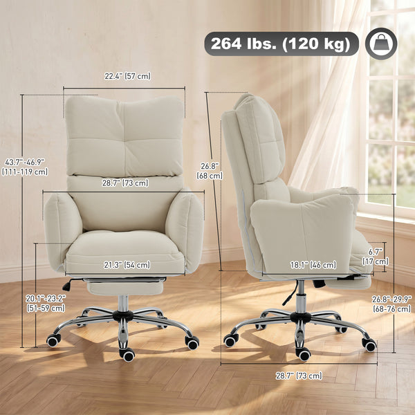 Office Chair with Foot Rest, Ergonomic Reclining Computer Gaming Chair with Snow Flannel Fabric, Thick Cushion, Cream