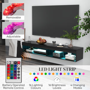 Meuble TV mural moderne avec rangement et éclairage LED pour téléviseurs jusqu'à 75 pouces, étagère flottante pour salon, noir