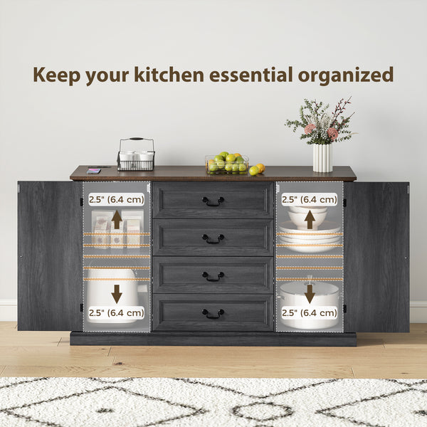 Buffet style ferme avec station de recharge, 4 tiroirs et 2 portes, noir