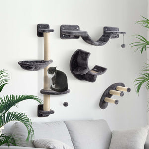 Mur d'escalade pour chat avec griffoir, balles et plateformes, gris foncé