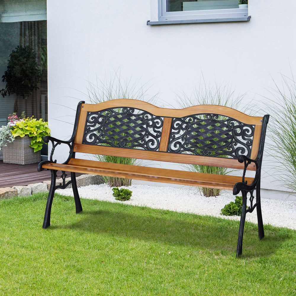 Banc de jardin d'extérieur deux places, structure en bois et métal avec dossier orné de motifs en plastique, bois naturel