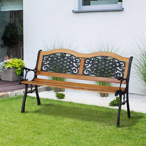 Two-seater outdoor garden bench, wooden and metal frame with a backrest adorned with plastic patterns, natural wood