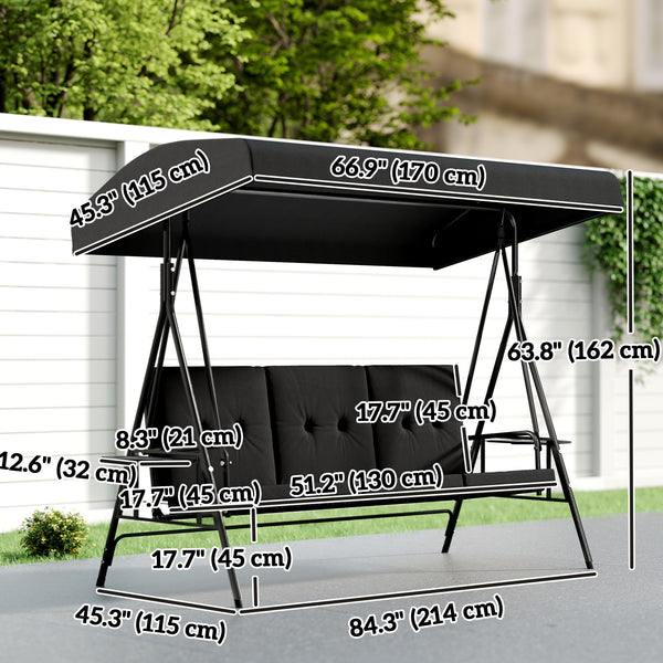 3-Seat Outdoor Porch Swing Patio Swing with Adjustable Canopy, Side Tray, Removable Cushion for Garden, Poolside, Black