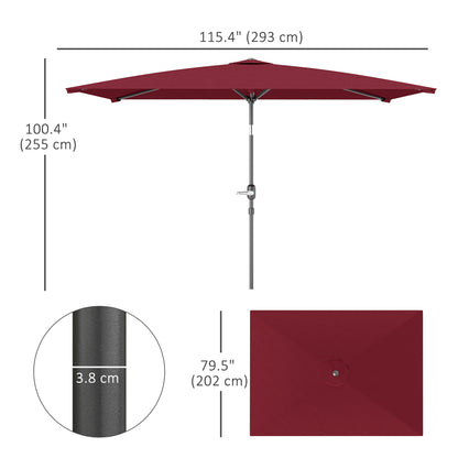 Outsunny 2 x 3 m Rectangular Tilting Aluminum Garden Parasol, Garden Umbrella, Outdoor Umbrella with Crank, Wine Red