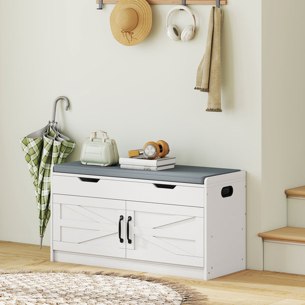 Banc de rangement à chaussures avec armoire à 2 niveaux, couvercle rabattable, coussin rembourré pour couloir, blanc