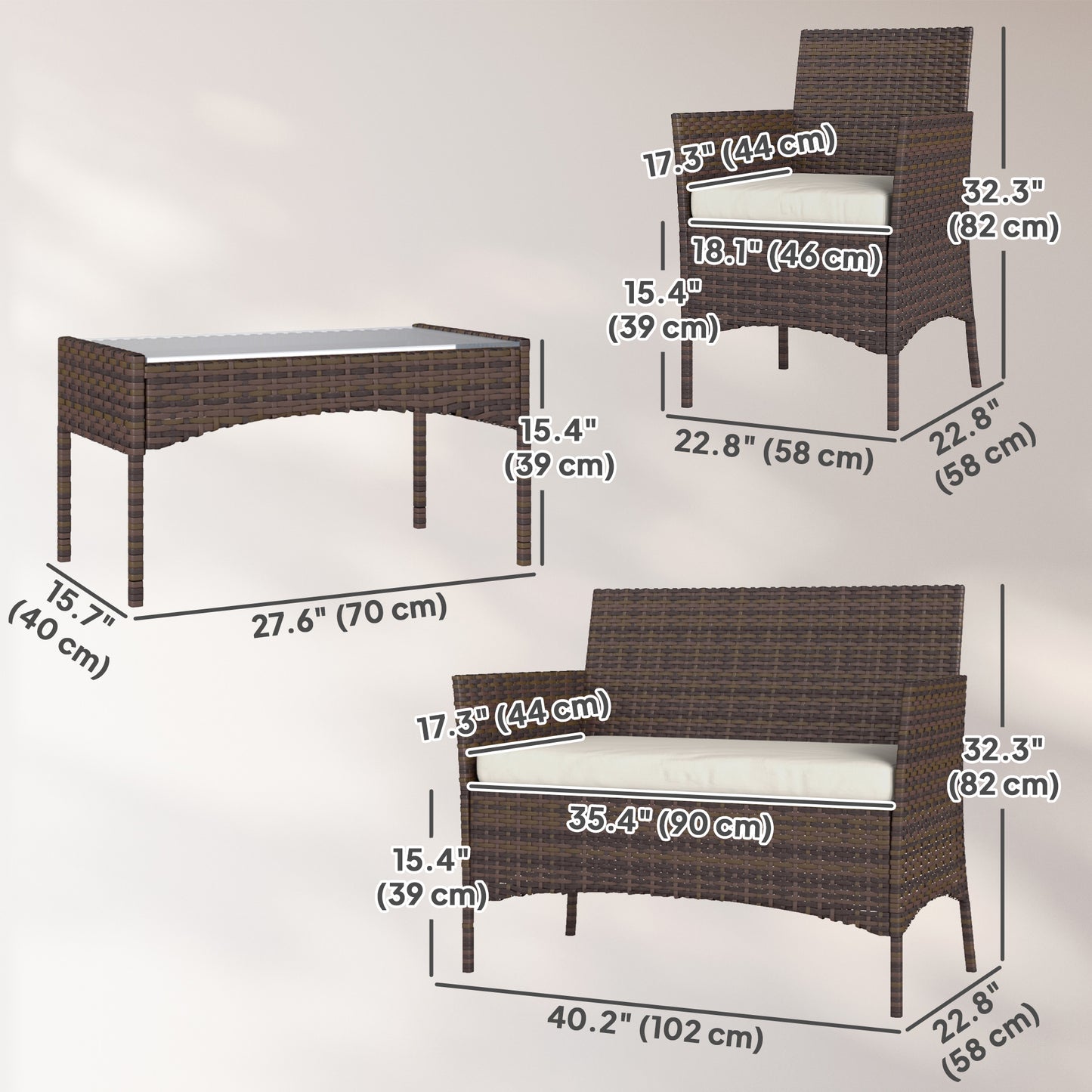 Outsunny 4 Piece Patio Rattan Balcony Wicker Garden Furniture Set with Loveseat, Chairs and Coffee Table in Beige Glass