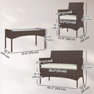 Ensemble de meubles de jardin en osier 4 pièces avec causeuse, chaises et table basse en verre beige