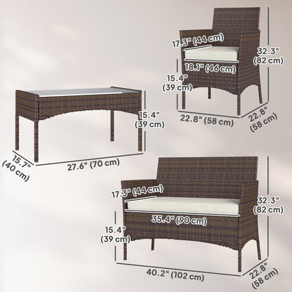 Outsunny 4 Piece Patio Rattan Balcony Wicker Garden Furniture Set with Loveseat, Chairs and Coffee Table in Beige Glass