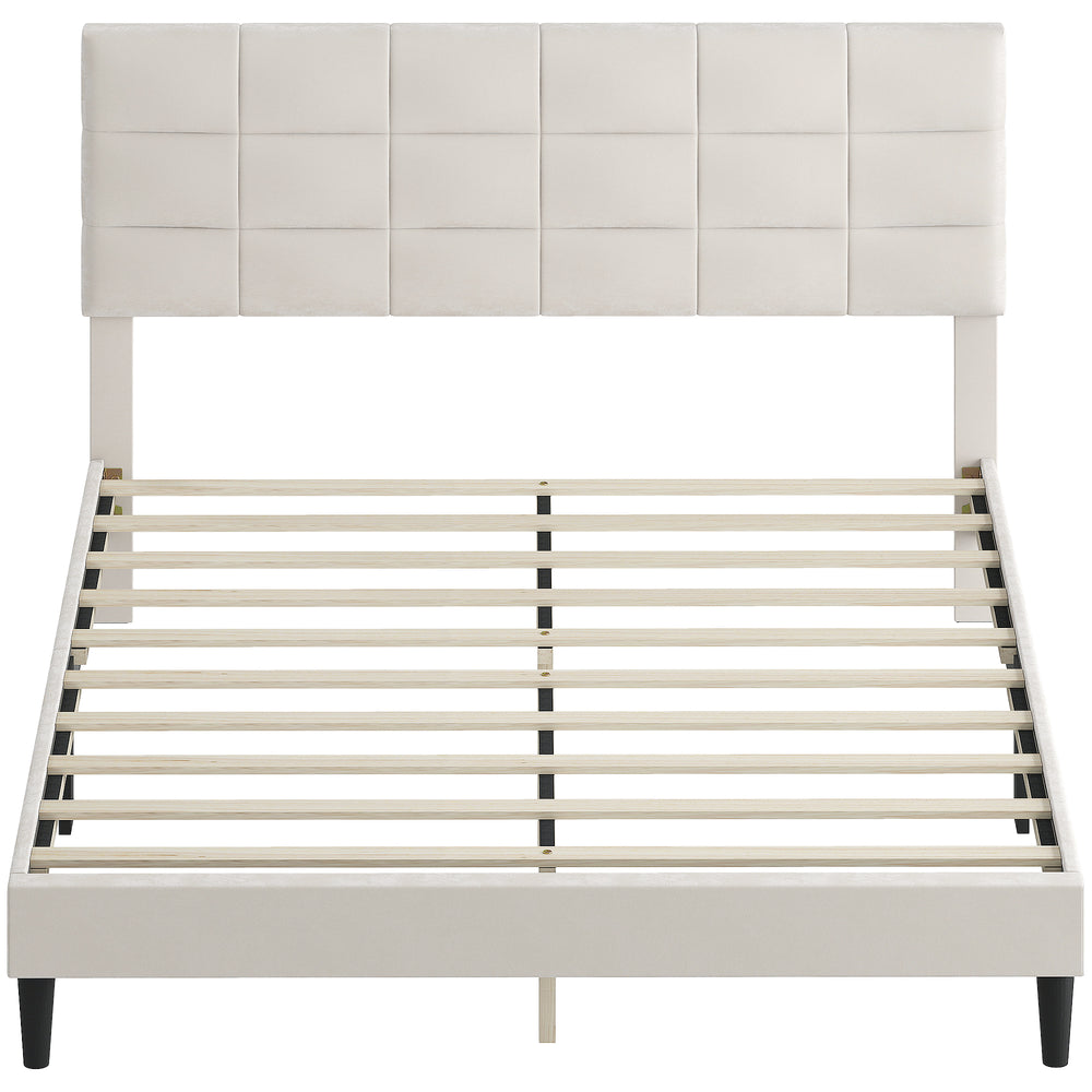 Cadre de lit Queen Size avec tête de lit rembourrée avec lattes en bois, capacité de charge de 500 kg, couleur crème