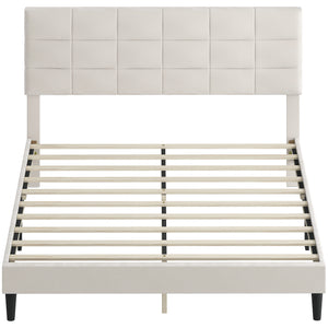 Cadre de lit Queen Size avec tête de lit rembourrée avec lattes en bois, capacité de charge de 500 kg, couleur crème