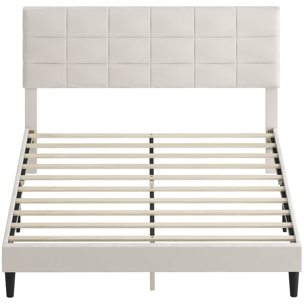 Cadre de lit Queen Size avec tête de lit rembourrée avec lattes en bois, capacité de charge de 500 kg, couleur crème