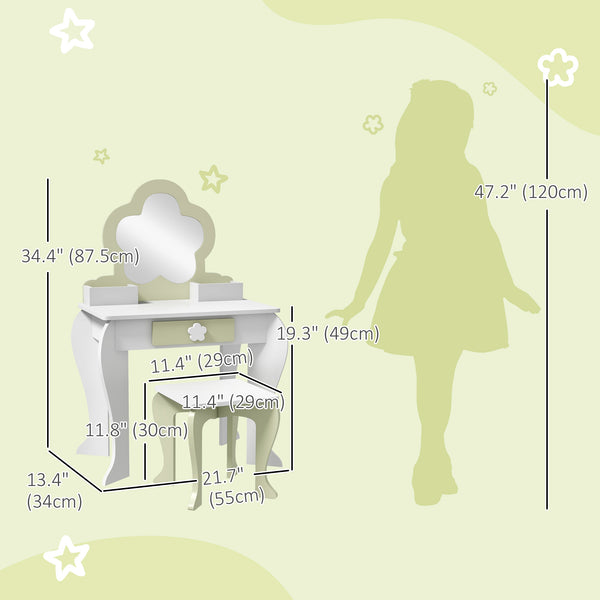 Coiffeuse avec tabouret, miroir, tiroir et boîtes de rangement, blanc
