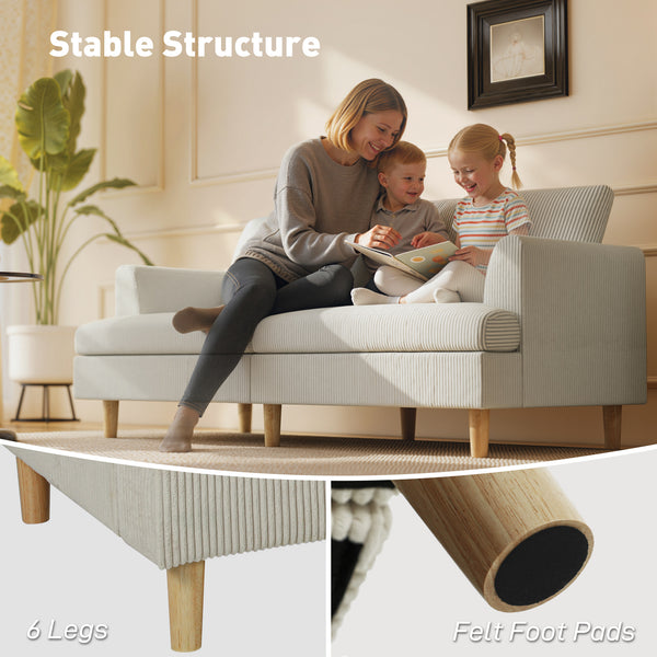 Canapé 3 places revêtement en velours côtelé moderne, coussins à ressorts épais, pieds et accoudoirs en bois massif, beige