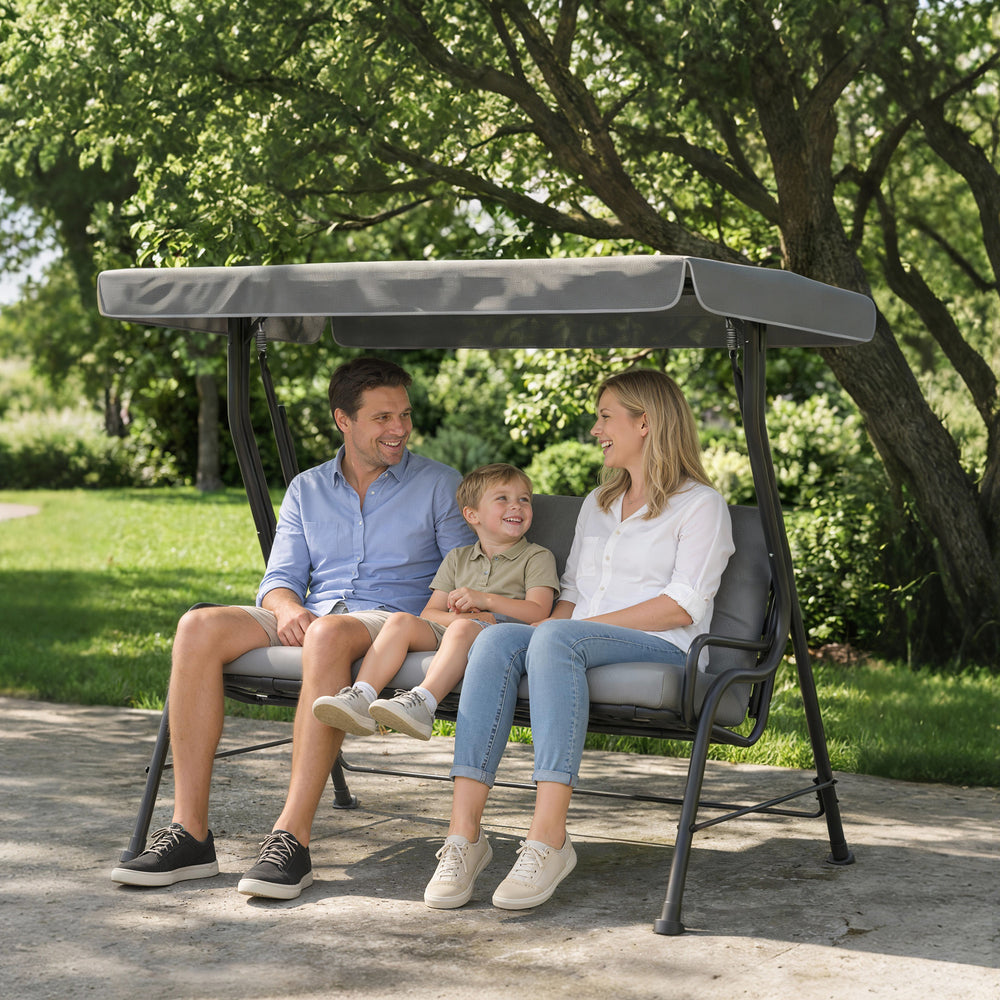 3-Person Patio Swing Chair with Canopy 3 Seater Porch Swing for Garden, Backyard, Poolside, Light Grey