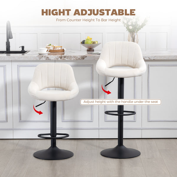 Set of 2 swivel counter-height bar stools with openwork backrest and adjustable height, cream.