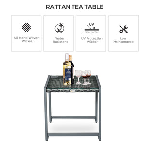 Table basse en rotin avec plateau en verre trempé et structure en aluminium, grise