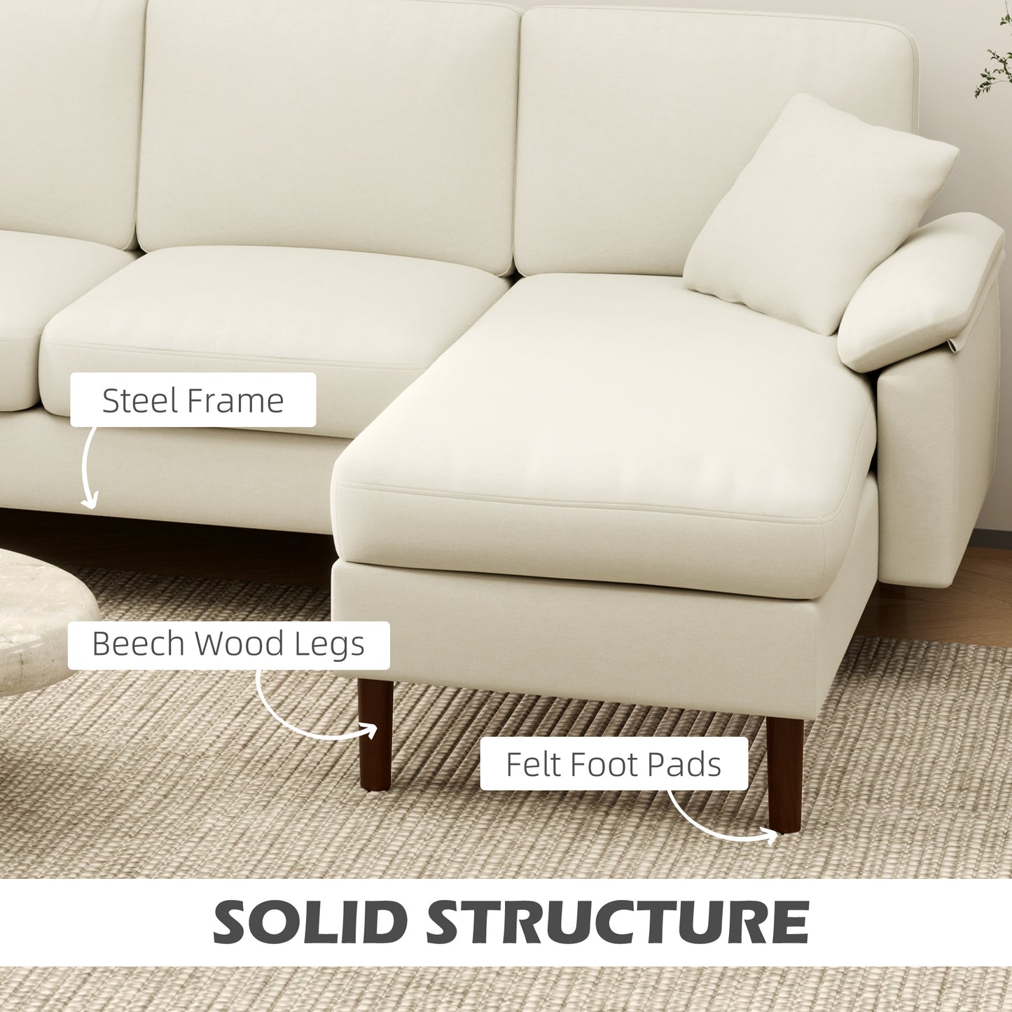 HOMCOM Modern L-Shaped Sectional Sofa with Removable Chaise, Cushions and Wooden Legs for Living Room, Cream White